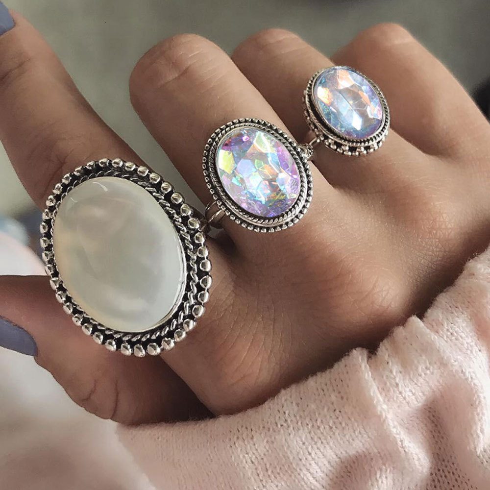 Band Rings Women Boho Vintage Silver Color Big Stone Ring Set for Women Fashion Bohemian Jewelry 230410