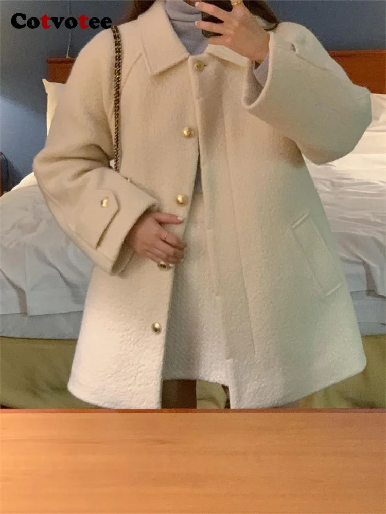 Women's Wool Blends Cotvotee Loose Coat Women Autumn Winter 2023 Fashion Turn Down Collar Jacket Vintage Casual Button Up Long Sleeve Coats 23111