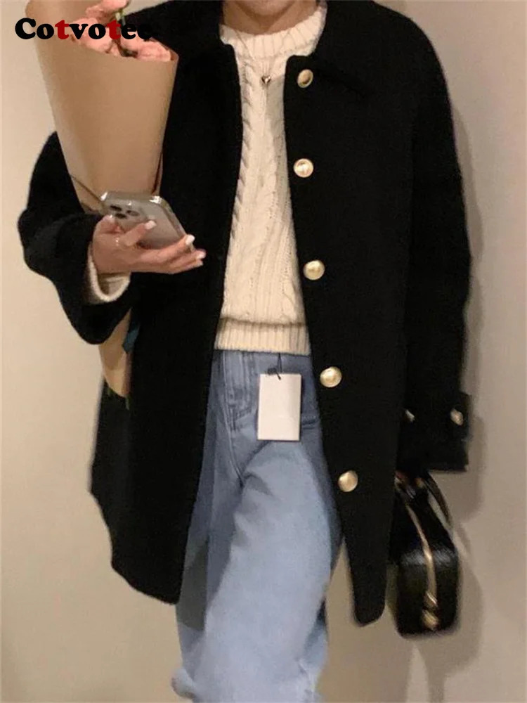 Women's Wool Blends Cotvotee Loose Coat Women Autumn Winter 2023 Fashion Turn Down Collar Jacket Vintage Casual Button Up Long Sleeve Coats 23111