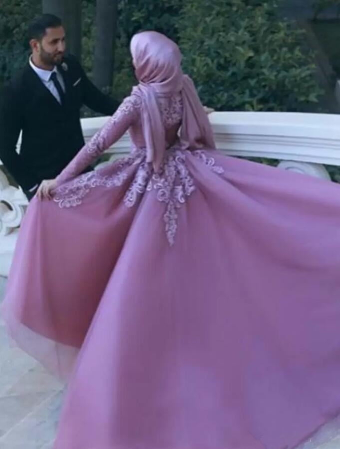 Fuchsia Muslim Mermaid Wedding Dresses with Detachable Train 2023 Lace Applique High Neck Hijab Saudi Arabic Bridal Gowns