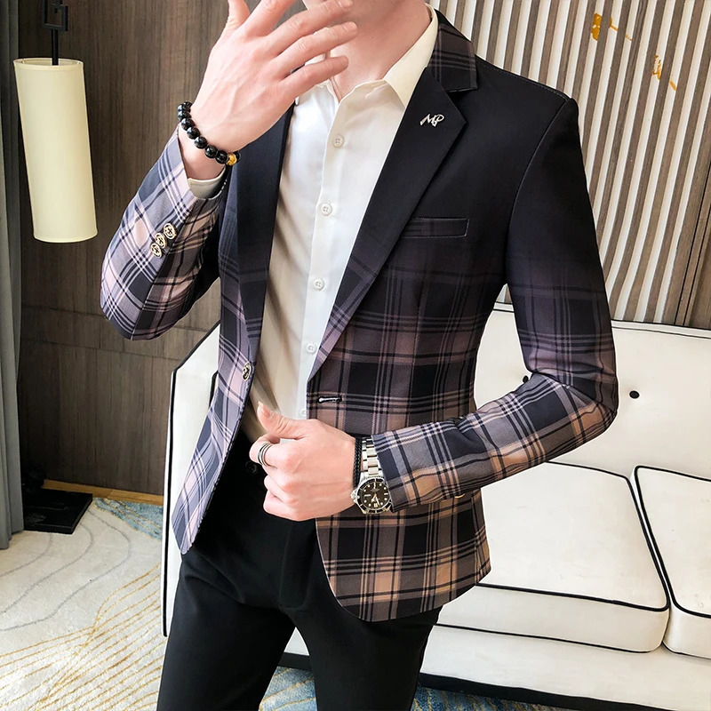 Men's Suits Blazers Spring Men's Plaid Blazer Fashion Business Casual Men's Slim Suit Jacket Large Size Casual Banquet Wedding Party Cl