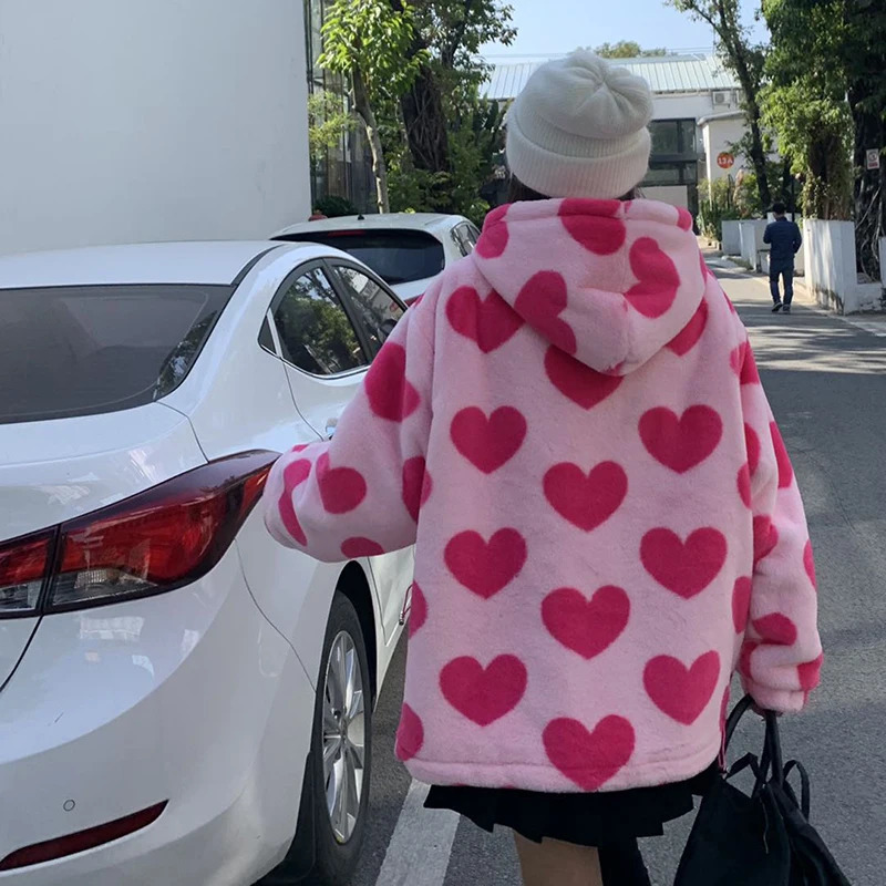 Womens Jackets Harajuku Heartshaped Print Plush Jacket Women Winter Korean Long Sleeve Zip Up Hooded Coat Thick Warm Couple Streetwear Hoodies 231110