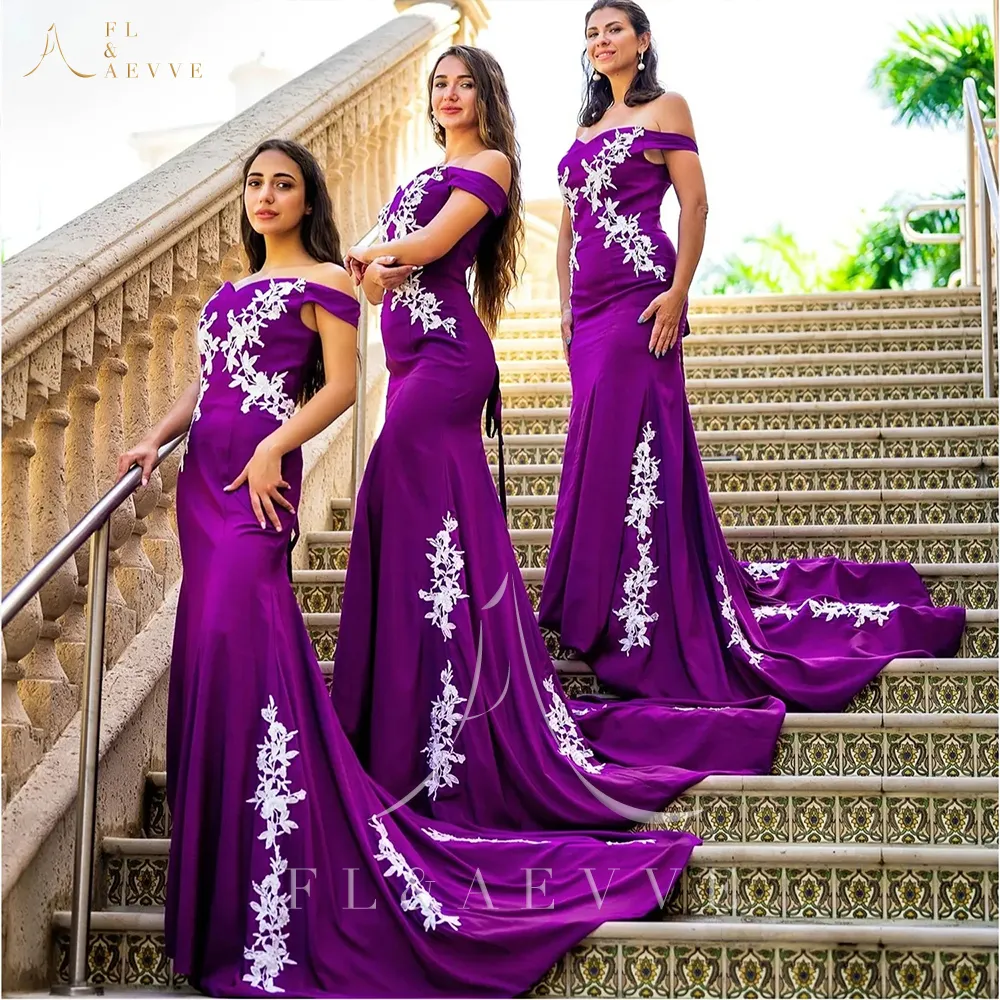 Purple Bridesmaid Dresses Mermaid With Lace Applique Satin Sweep Train Corset Back Ruched Custom Made Plus Size Maid Of Honor Gowns Vestidos