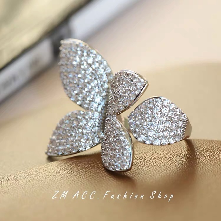 Band Rings Big Silver Color Flower Leaf Adjustable Ring with Bling Zircon Stone for Women Wedding Engeagement Fashion Jewelry Trend 230410