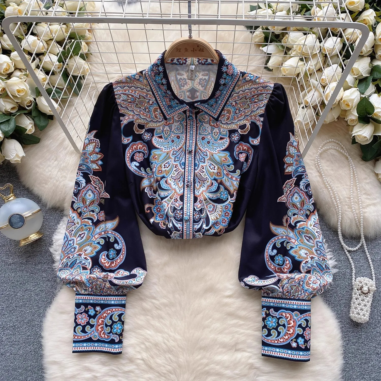 Womens Blouses Shirts 2024 New Autumn Holiday Flower Shirt Tops Runway Vintage Women Lapel Collar Single Breasted Print Floral Lantern Sleeve Blo