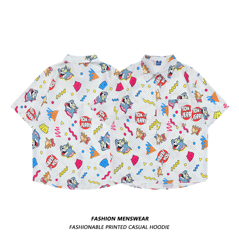 Men's Casual Shirts Oversized Short Casual Shirts Mens American Cartoon Plaid Print Summer Boys Girls Versatile Loose Hawaiian 230410