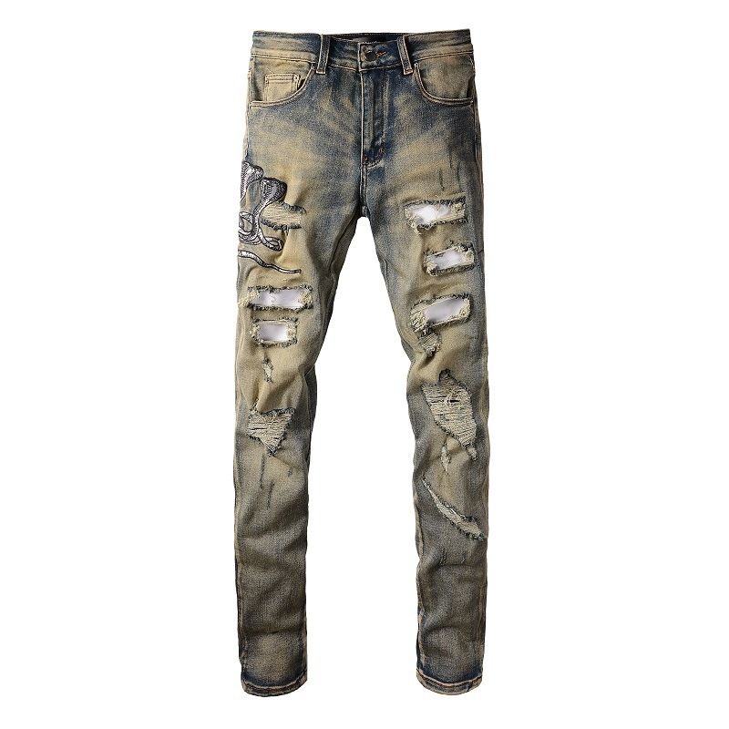 AMR JEANS chino Pants pant Men's trousers Stretch close-fitting slacks washed straight Skinny Embroidery Patchwork Ripped mens Trend Brand Motorc