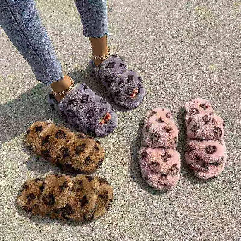 Women Winter Indoor Home Fur Slippers House Full Furry Soft Fluffy Plush Flats Heel Non Slip Luxury Designer Shoes Casual Ladies
