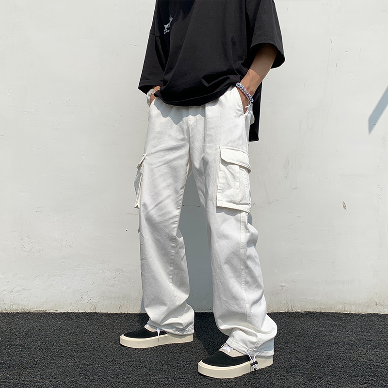 Men's Pants Black white Casual Fashion Loose Straight Wide Leg Men Streetwear Hip hop Pocket Cargo Mens Trousers 230411