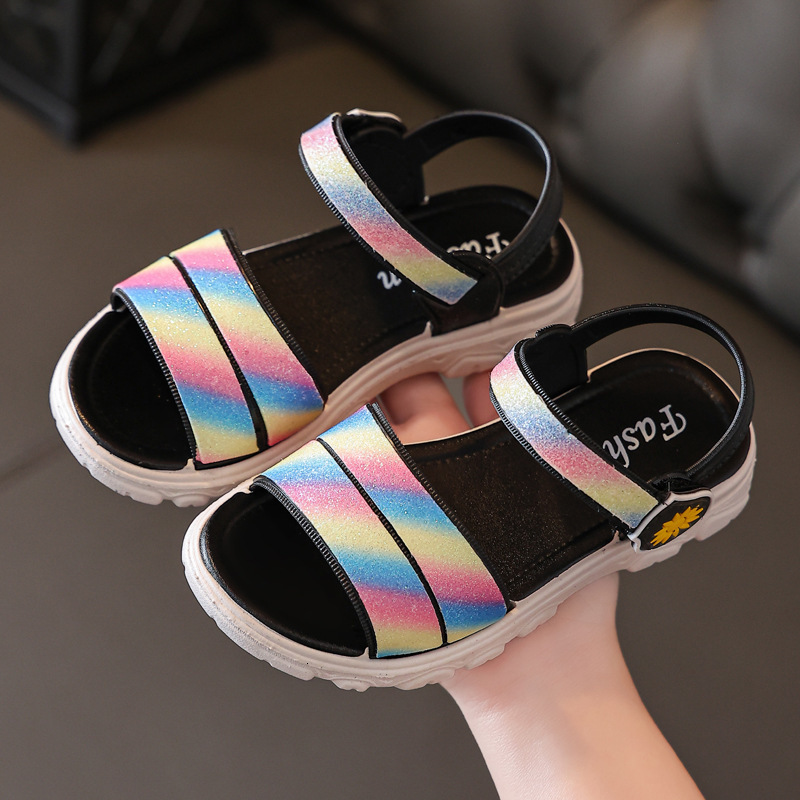 First Walkers 2 8 Years Girls Rainbow Sandals Summer Kids Beach Shoes Girl Fashion Princess Sandal Children Flats Chaussure Enfant Fille 230411