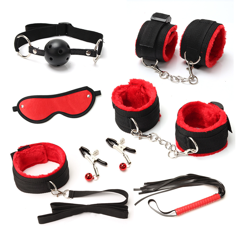 Cockrings Leopard 7 Pcs set Sexy Lingerie PU Leather BDSM Bondage Set Hand Cuffs Footcuff Whip Rope Blindfold Erotic Toys 230411