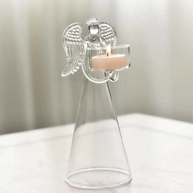Candle Holders Glass Angel Candle Holder Angel Figurine Transparent Angel Statue Tealight Candle Holder Gifts Desktop Tealight Stand Ornaments 231110