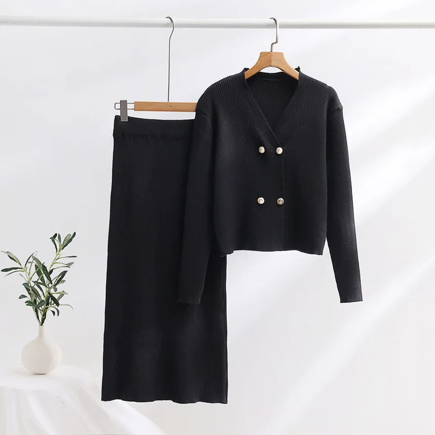 Two Piece Dress Vestidos New Autumn Winter Pink Knitted Sweater Suit Women V Neck Double Breasted Short Cardigan Long A Line Skirts 2 PCS Set 2024