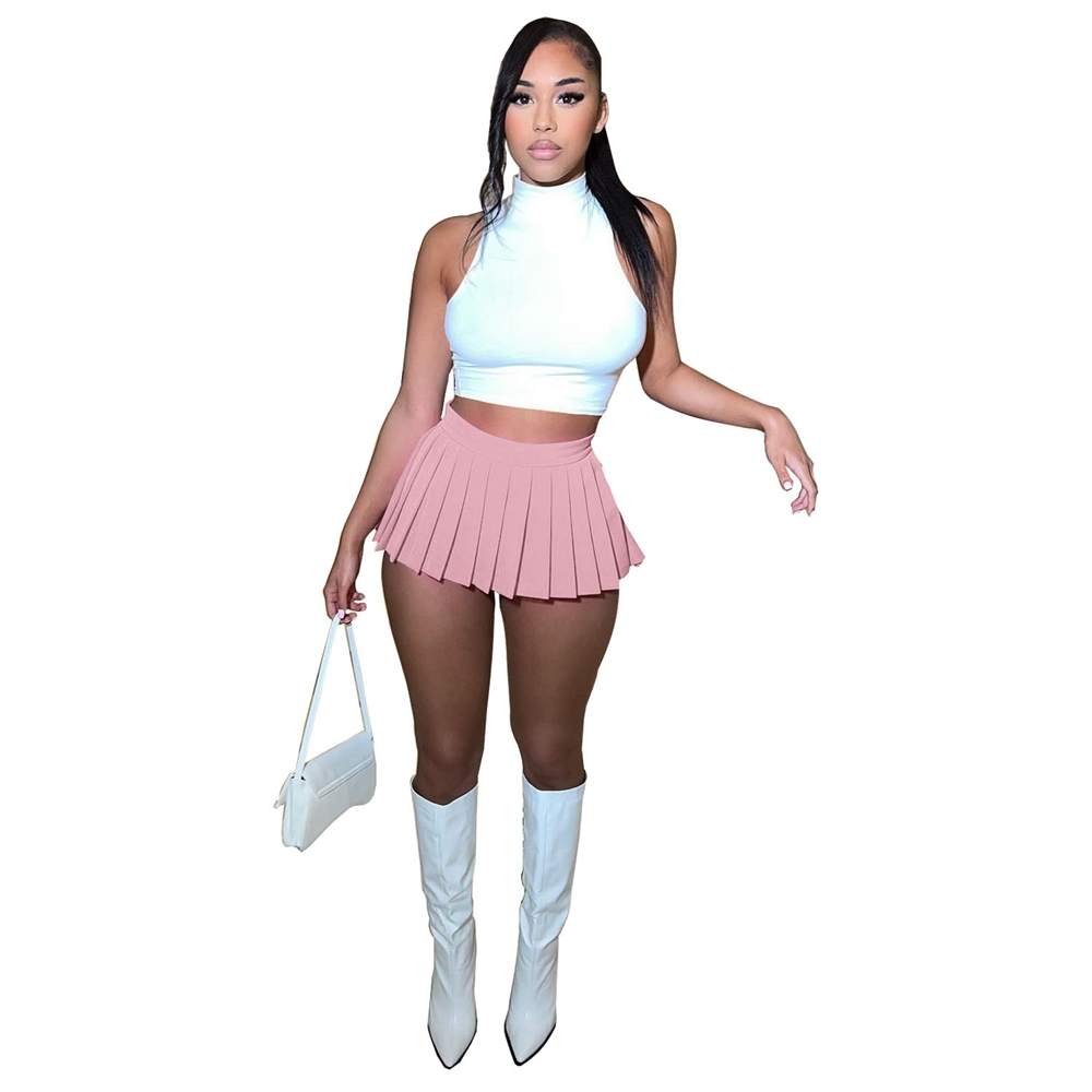 Women's Mini Pleated Skirts Sexy Solid Color Club Y2k High Wiast Stretchy Tennis Skater A-line Mini Length Skirt for School Party