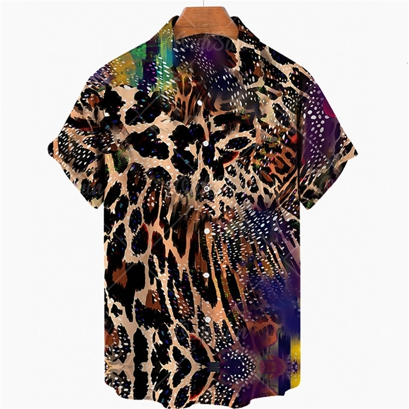 Men's Casual Shirts Men's Short Sleeve Hawaiian Shirt Summer Fashion Animal Tattoo Casual Trend Loose Versatile Leopard Print Shirt 230410
