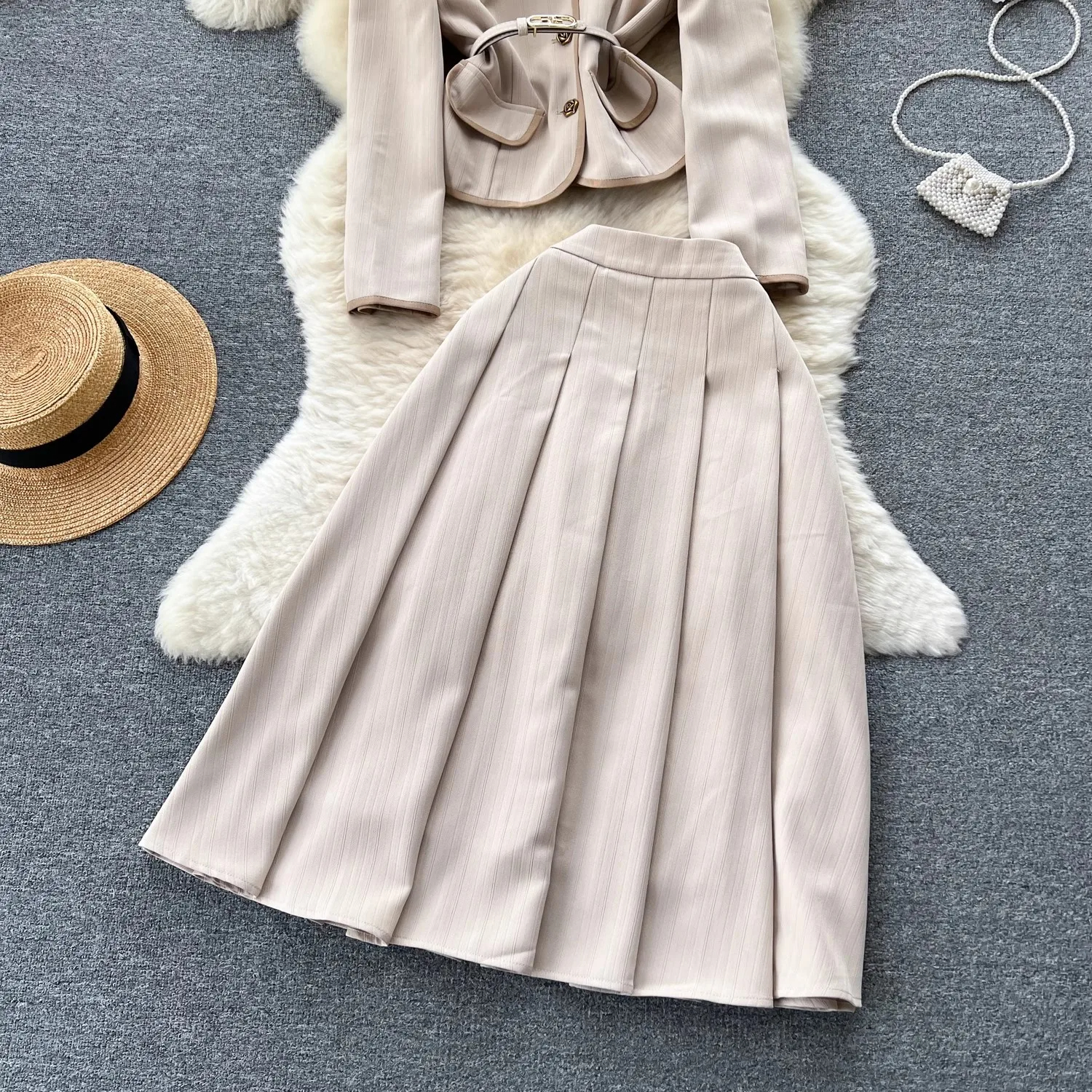 Two Piece Dress Vestidos Autumn Office Women's Blazer Suits New High Quality Green Notched Collar Single Breasted Belt Coat Pleated Midi Skirt Su
