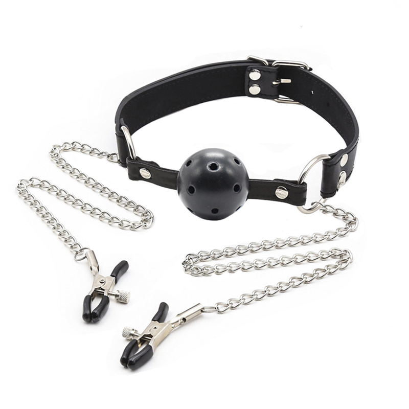 Adult Toys Sexy PU Leather Mouth Gag Ball Oral With Chain Nipple Clip Fetish Bondage Clamps Erotic Toy 230411