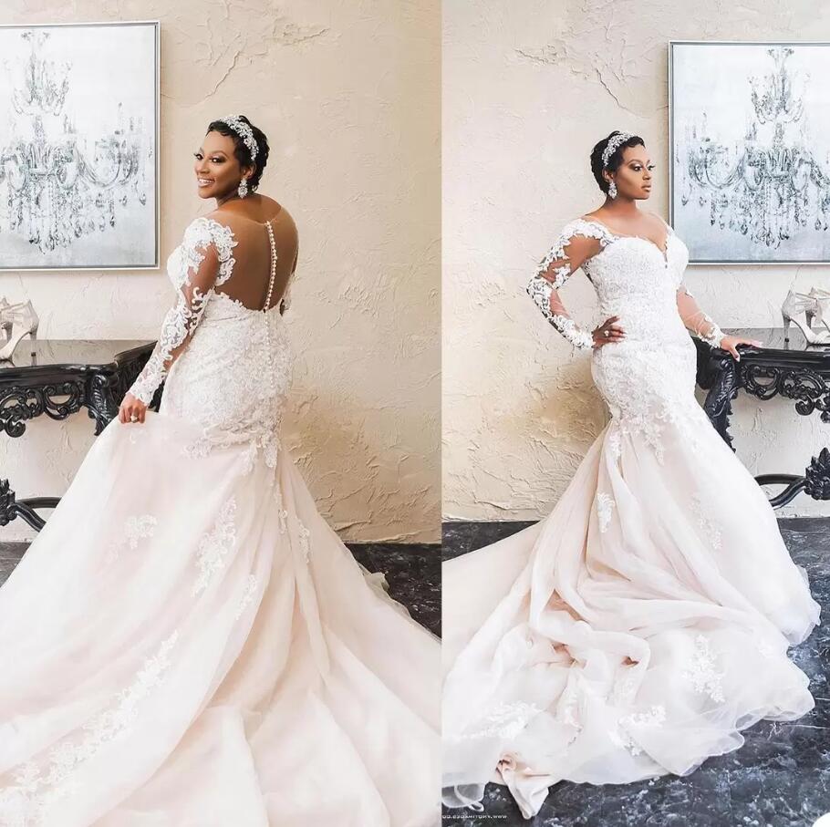 African Plus Size Mermaid Wedding Dresses V Neck Long Sleeve lace applique buttons robes de mariee Sheer Back Bride Dresses