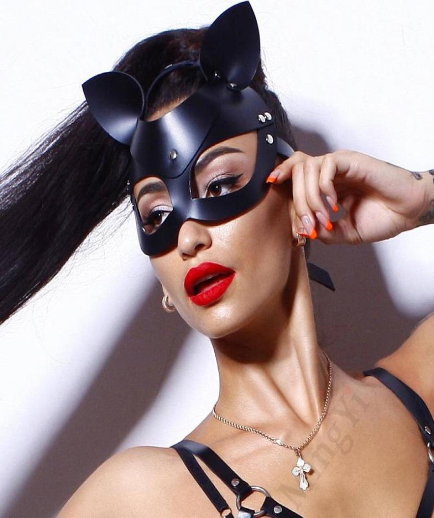 Sexy Harness Face Detachable Cat Ear Faux Leather Head Mask Fetish Rabbit Girls Cosplay Costumes Men Women Exotic Toys