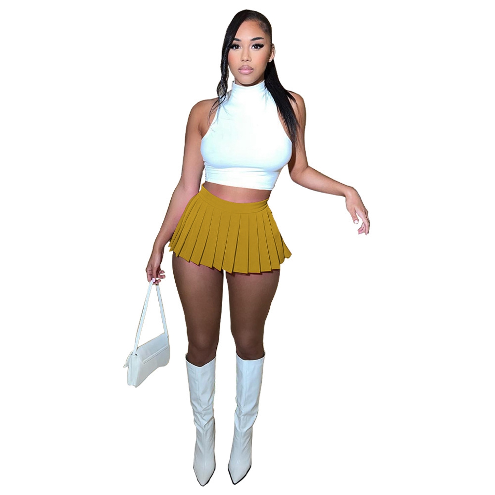 Women's Mini Pleated Skirts Sexy Solid Color Club Y2k High Wiast Stretchy Tennis Skater A-line Mini Length Skirt for School Party