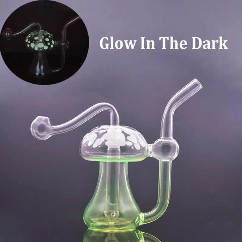 Glow In The Dark Glass Oil Burner Bongs Hookah Recycler Bubbler Smoking Water Pipe Colorful Mushroom Ash Catcher Inline Matrix Perc with 10mm Oil Pot Cheapest