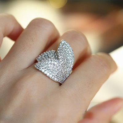 Band Rings Big Silver Color Flower Leaf Adjustable Ring with Bling Zircon Stone for Women Wedding Engeagement Fashion Jewelry Trend 230410