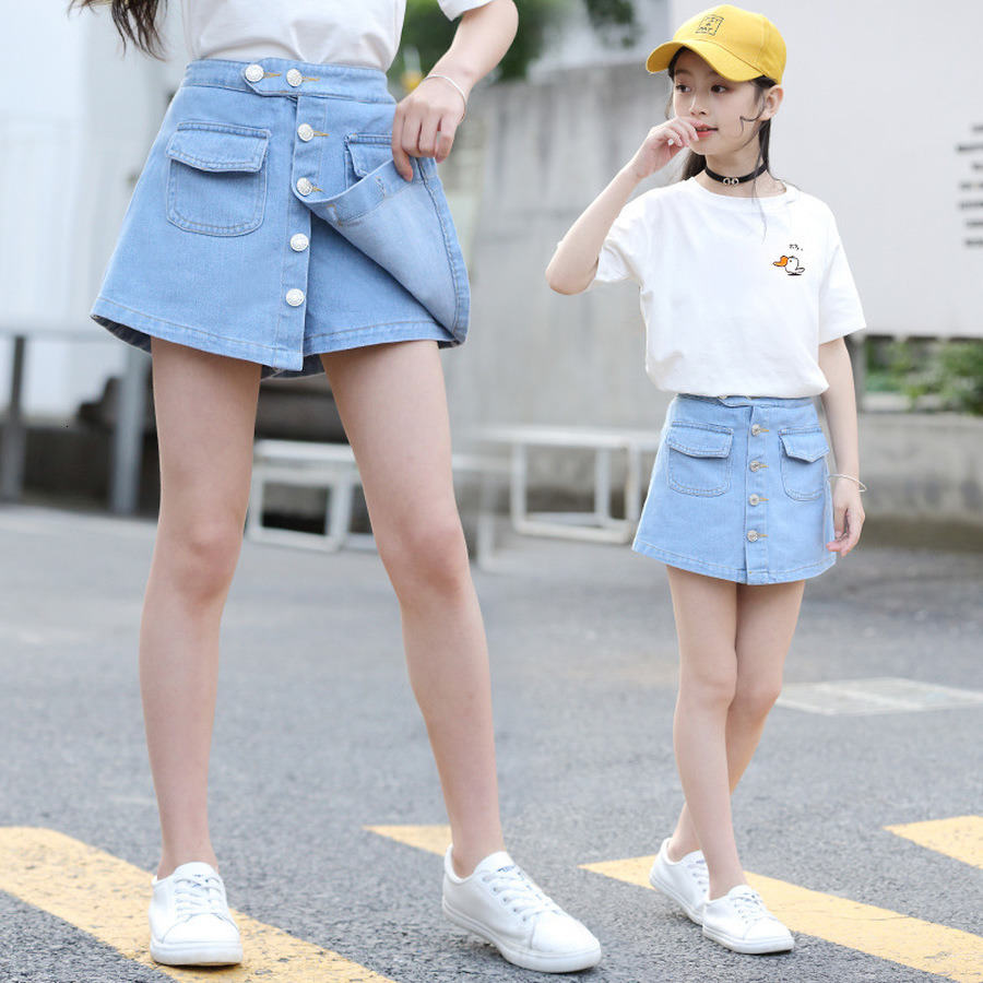 Shorts Botton Skirt for Kid Girls Summer Denim Children Solid Cotton Jean Girl Teenage with pocket 230411