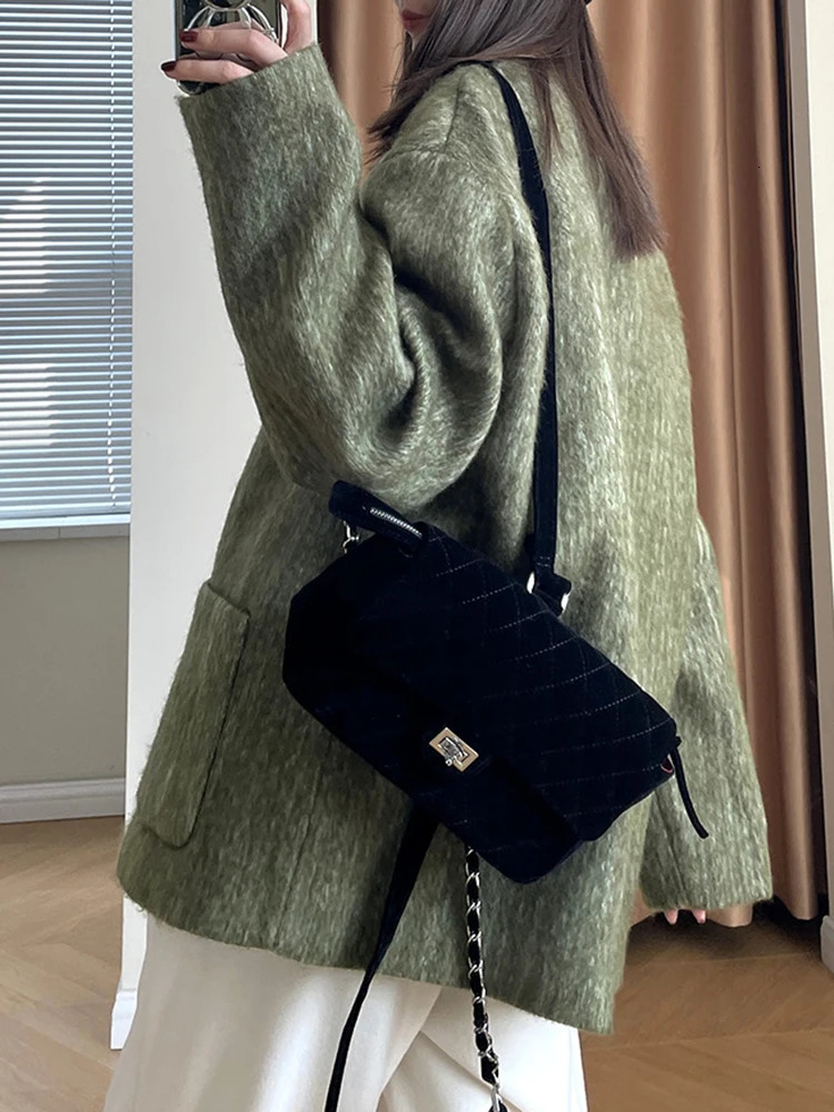 Women's Wool Blends LANMREM Vintage Winter Jacket V Neck Pockets Single Breasted Loose Female Coat Fashion 2023 Clothing 2AA3673 231110