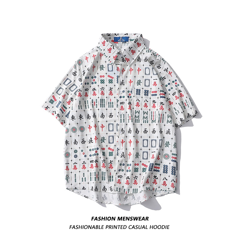 Men's Casual Shirts Oversized Summer Style Fried Street Mahjong Printing Personalized Male Female Student Couple Casual Shirt Chinese 230410