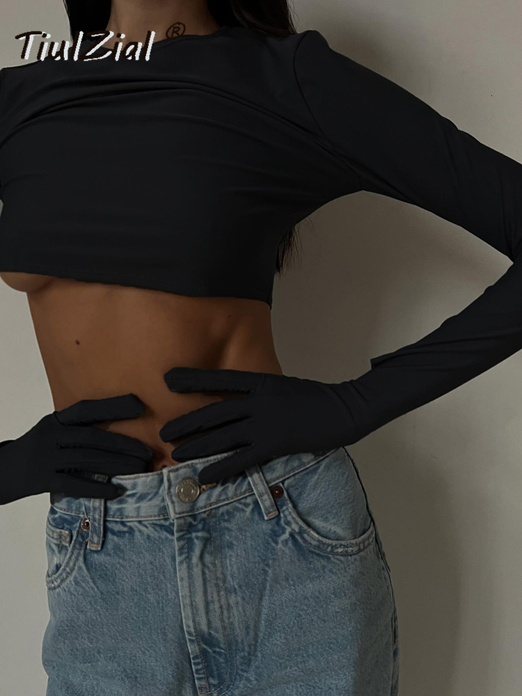 Women s T Shirt TiulZial O Neck Skinny Casual Glove Short T shirt Y2K Women Long Sleeve Crop Top Rose Red Club Party Sexy Tee Black 2023 Outfit 230411