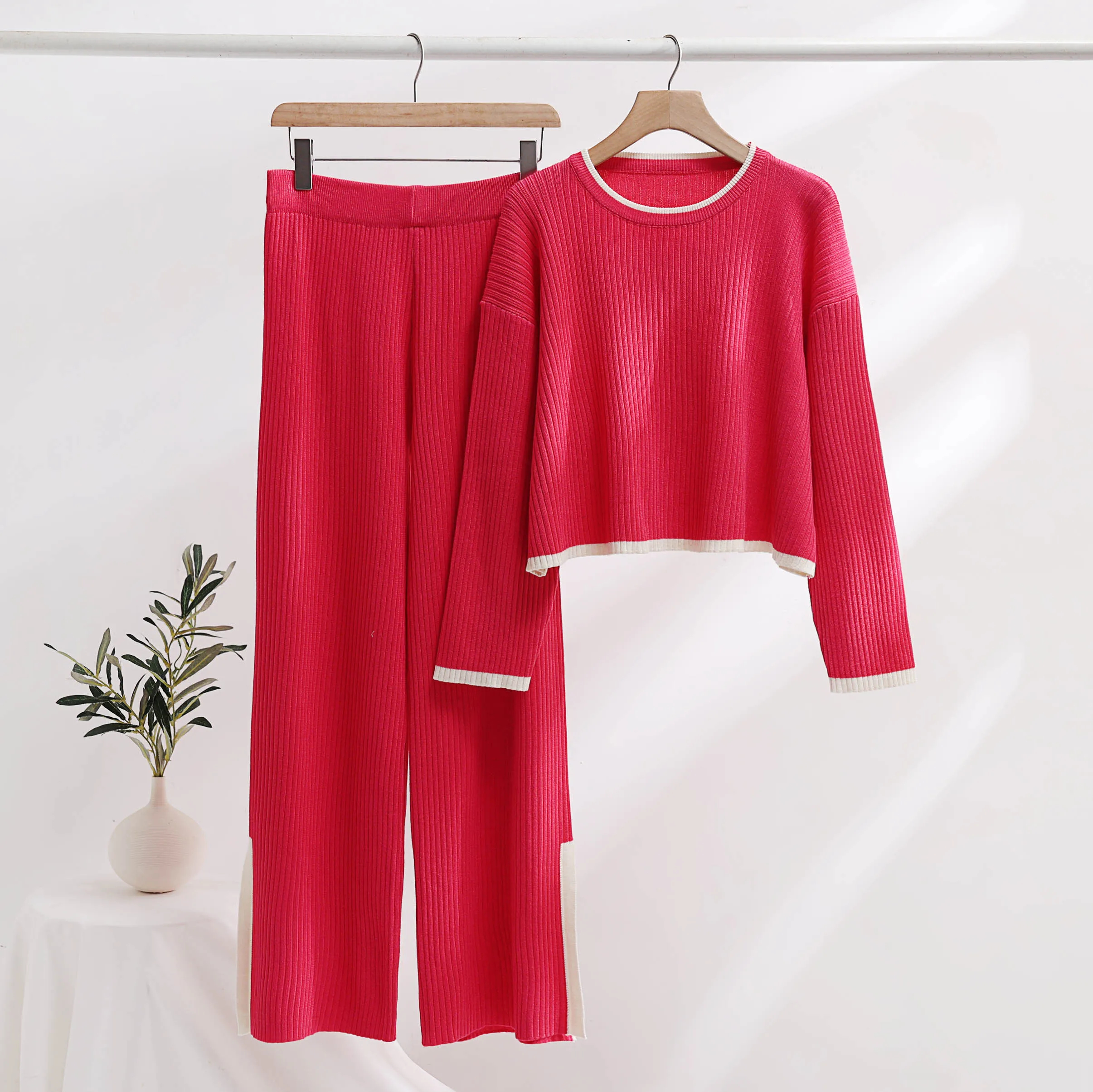 Two Piece Dress Vestidos New Autumn Winter Sweater Pants Suit Casual Women O Neck Knitted Short Pullover High Waist Split Wide Leg Trouser Set 2024