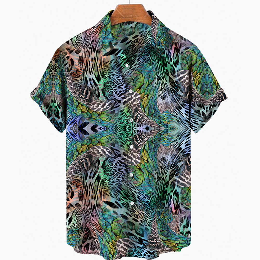 Men's Casual Shirts Men's Short Sleeve Hawaiian Shirt Summer Fashion Animal Tattoo Casual Trend Loose Versatile Leopard Print Shirt 230410