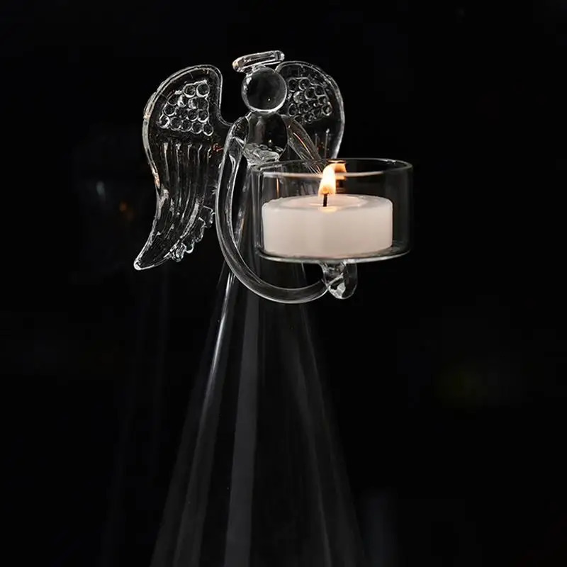 Candle Holders Glass Angel Candle Holder Angel Figurine Transparent Angel Statue Tealight Candle Holder Gifts Desktop Tealight Stand Ornaments 231110