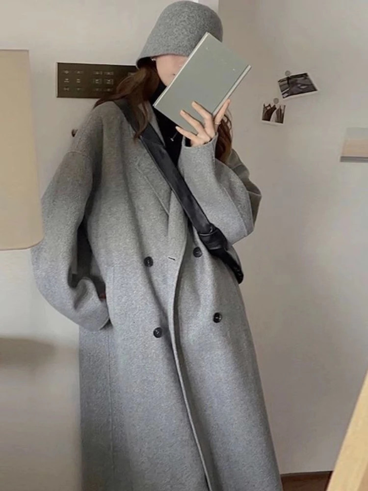 Women's Wool Blends Long Woolen Coat Women Korean Fashion Lapel Jackets Female Vintage Double Breasted Overcoat Ladies Autumn Winter Loose Outerw