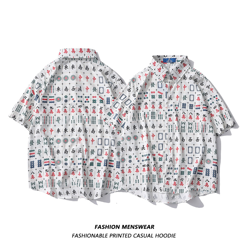 Men's Casual Shirts Oversized Summer Style Fried Street Mahjong Printing Personalized Male Female Student Couple Casual Shirt Chinese 230410