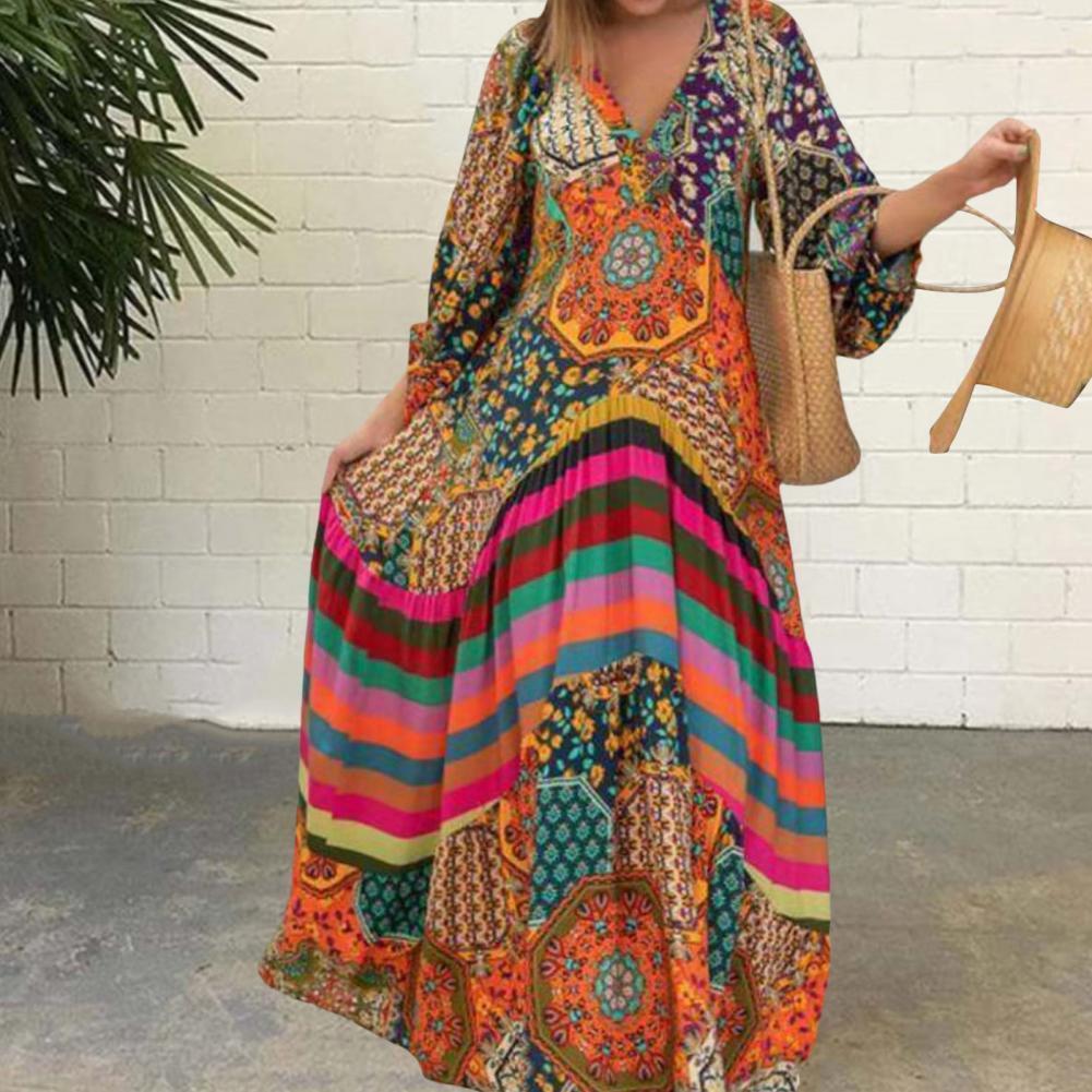 Casual Dresses Retro Dress Chic Pleated Maxi Dress Summer Ethnic Print Pattern Oversized Long Dress Female Clothing 230410