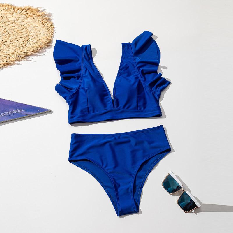 Women's Swimwear Bikini Push Up Summer Women High Waist Bikinis Ruffle Swimuit Female Retro Solid Color Beachewear Set