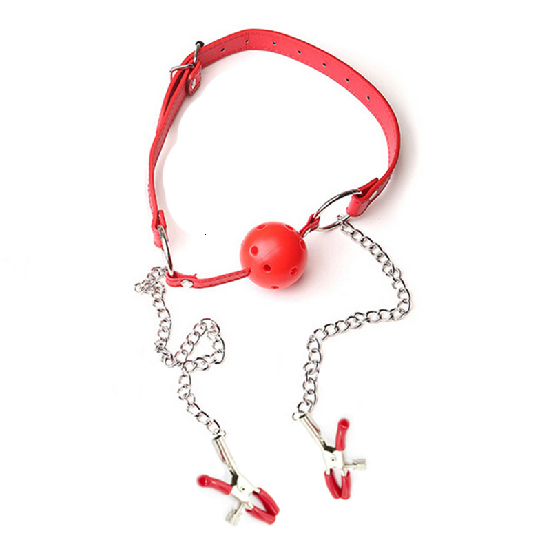 Adult Toys Sexy PU Leather Mouth Gag Ball Oral With Chain Nipple Clip Fetish Bondage Clamps Erotic Toy 230411