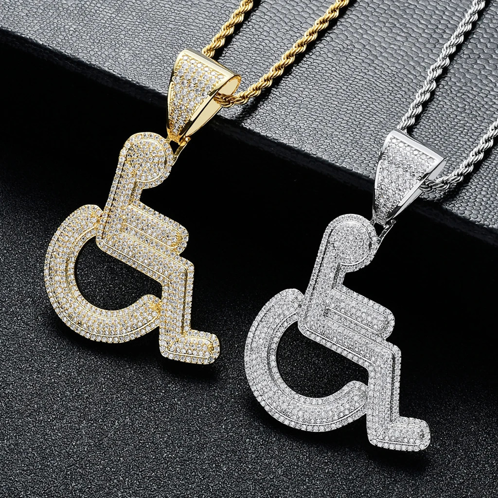 Chokers AZ Hip Hop Wheelchair Handicap Sign Pendant Necklace Gold Color Charm Bling Cubic Zircon Men's Iced Out Jewelry 231110