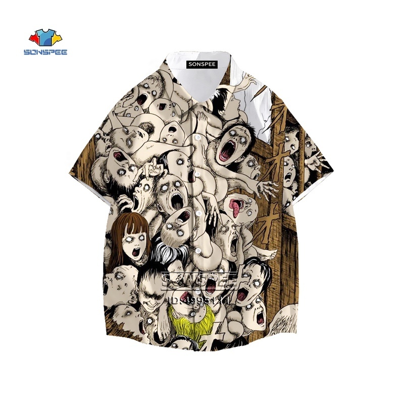 Men's Casual Shirts Junji Ito Men's Shirt Horror Manga Many Faces 3D Print Hawaiian Shirt Summer Casual Beach Shirts Short Sleeve Hip Hop Cl