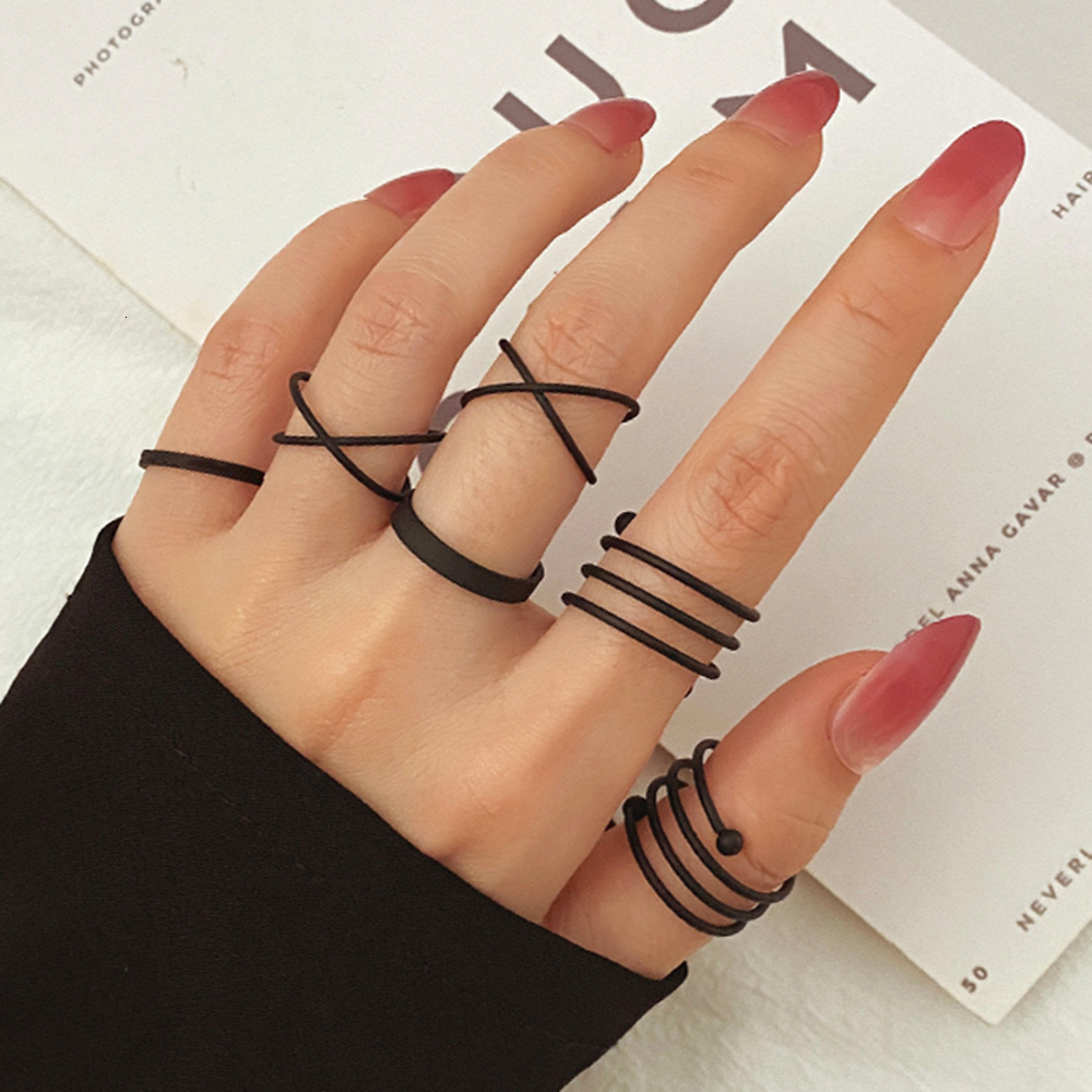 Band Rings Punk Black Finger Rings For Women Men Simple Chain Ring Set Fashion Rings Trend Friend Gifts Party Knuckle Jewelry Party 230410