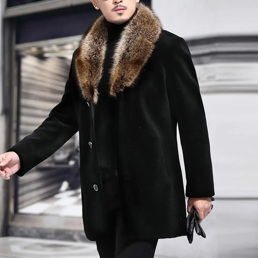 Men's Wool Blends Men Woolen Coat Faux Fur Collar Men Outwear Solid Color Single-breasted Men Jacket Autumn Winter Windbreaker Jacket for Daily 2