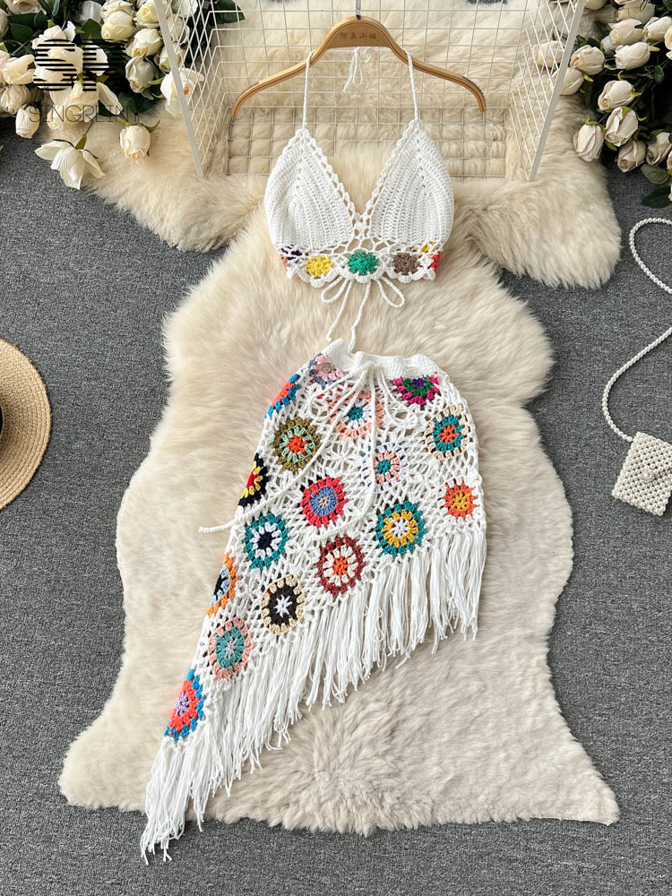 Two Piece Dress SINGREINY Bohemian Two Piece Knit Set Summer Hook Hollow Outer Camisol Flower Irregular Tassel Leather Sexy Beach Style Set 230410