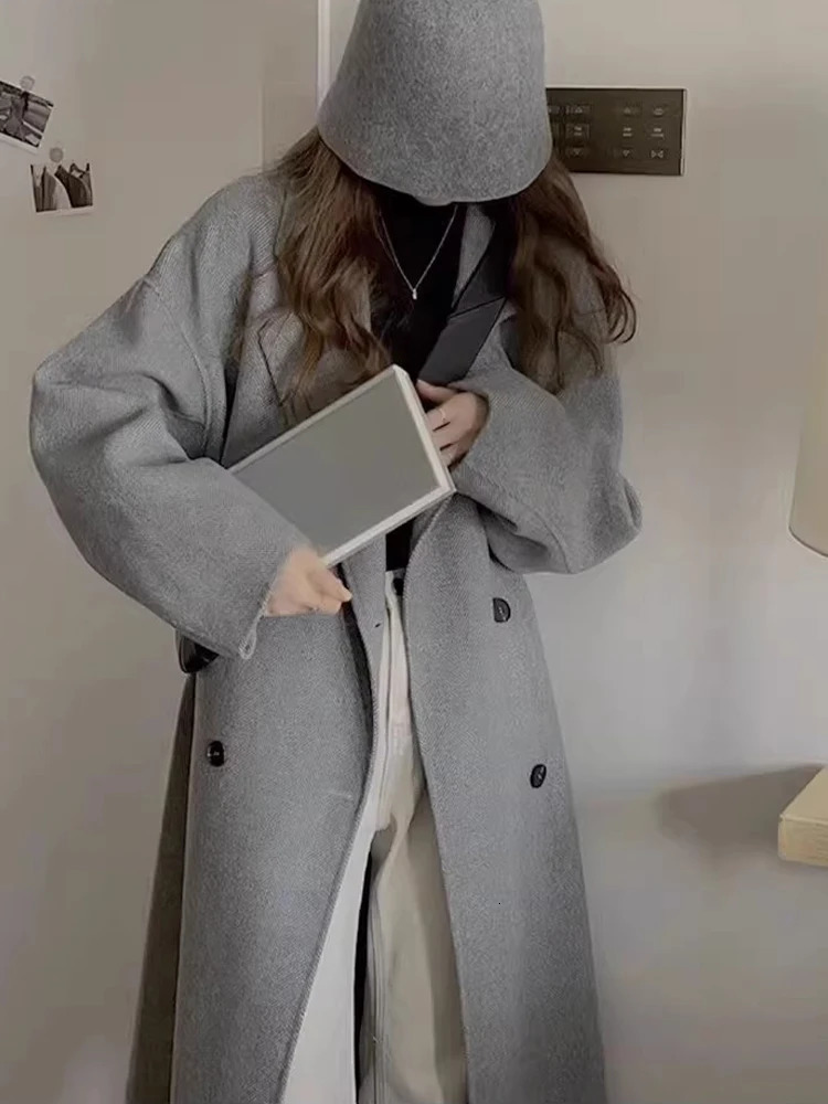 Women's Wool Blends Long Woolen Coat Women Korean Fashion Lapel Jackets Female Vintage Double Breasted Overcoat Ladies Autumn Winter Loose Outerw