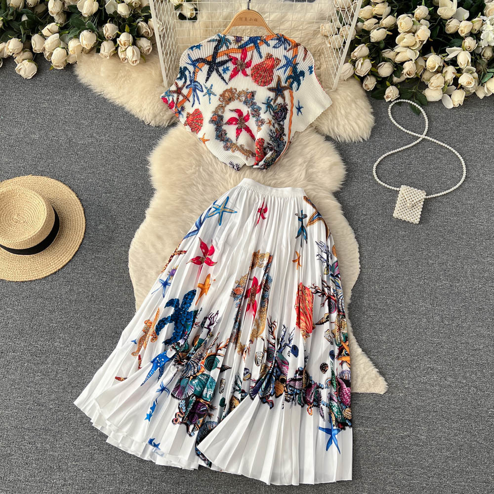 Two Piece Dress Summer Runway Fancy Ski Dress Womens Elastic Colorful Lock Knitted TopWaist Floral Print Ski Resort Two Piece Set 230410