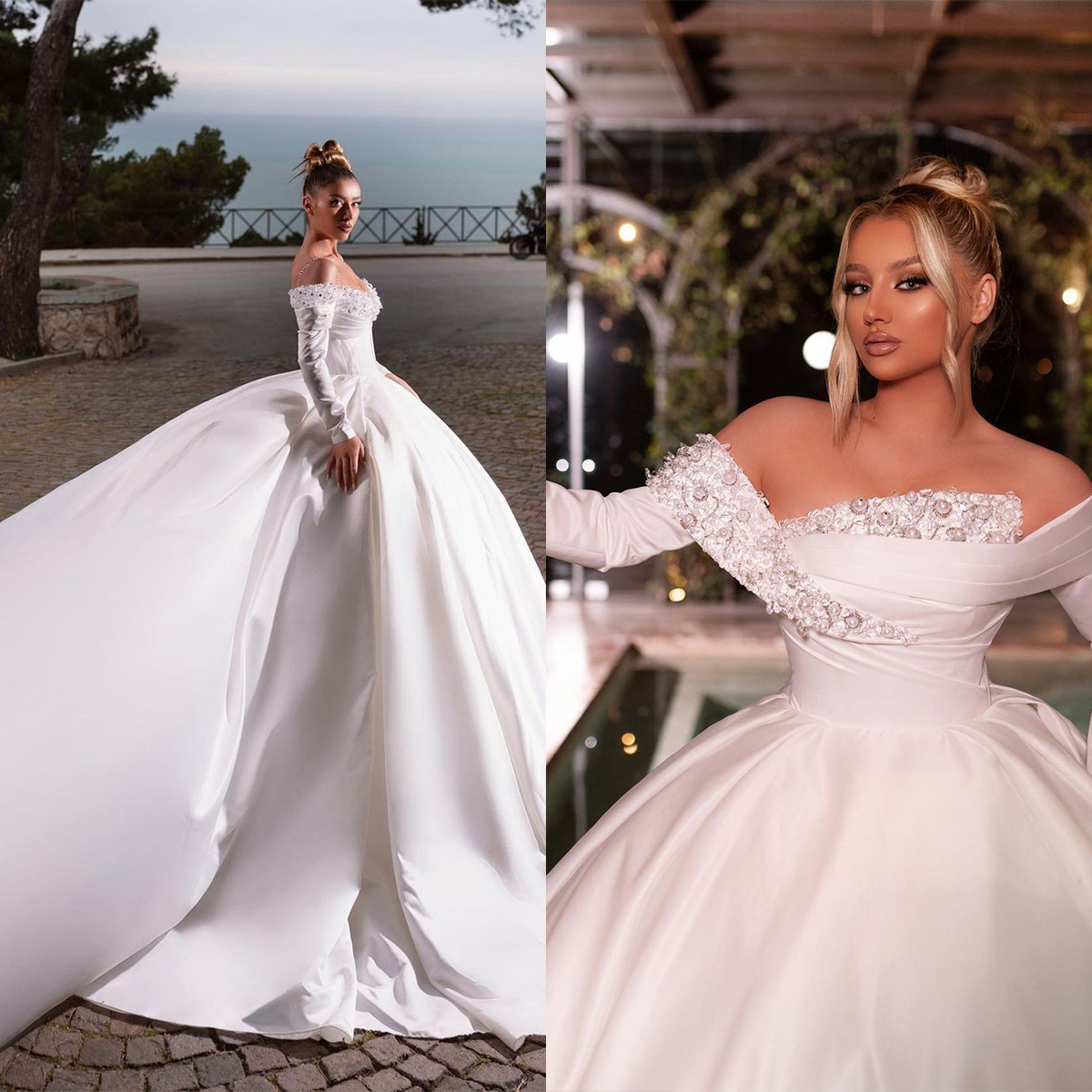 Gorgeous Pearls Arabic Wedding Dresses Ball Gown Off The Shoulder Bridal Dress Full Sleeve Custom Made Gowns