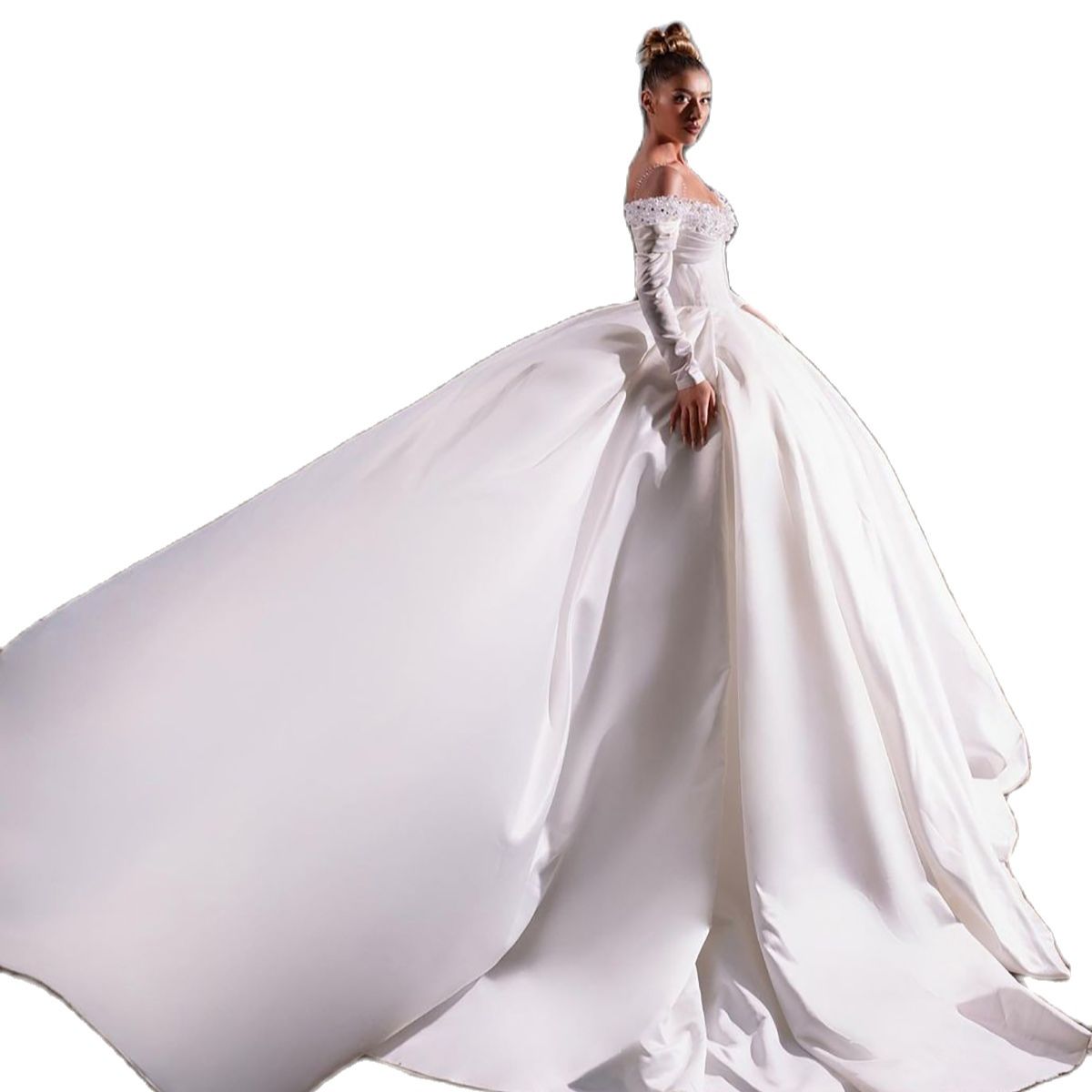 Gorgeous Pearls Arabic Wedding Dresses Ball Gown Off The Shoulder Bridal Dress Full Sleeve Custom Made Gowns
