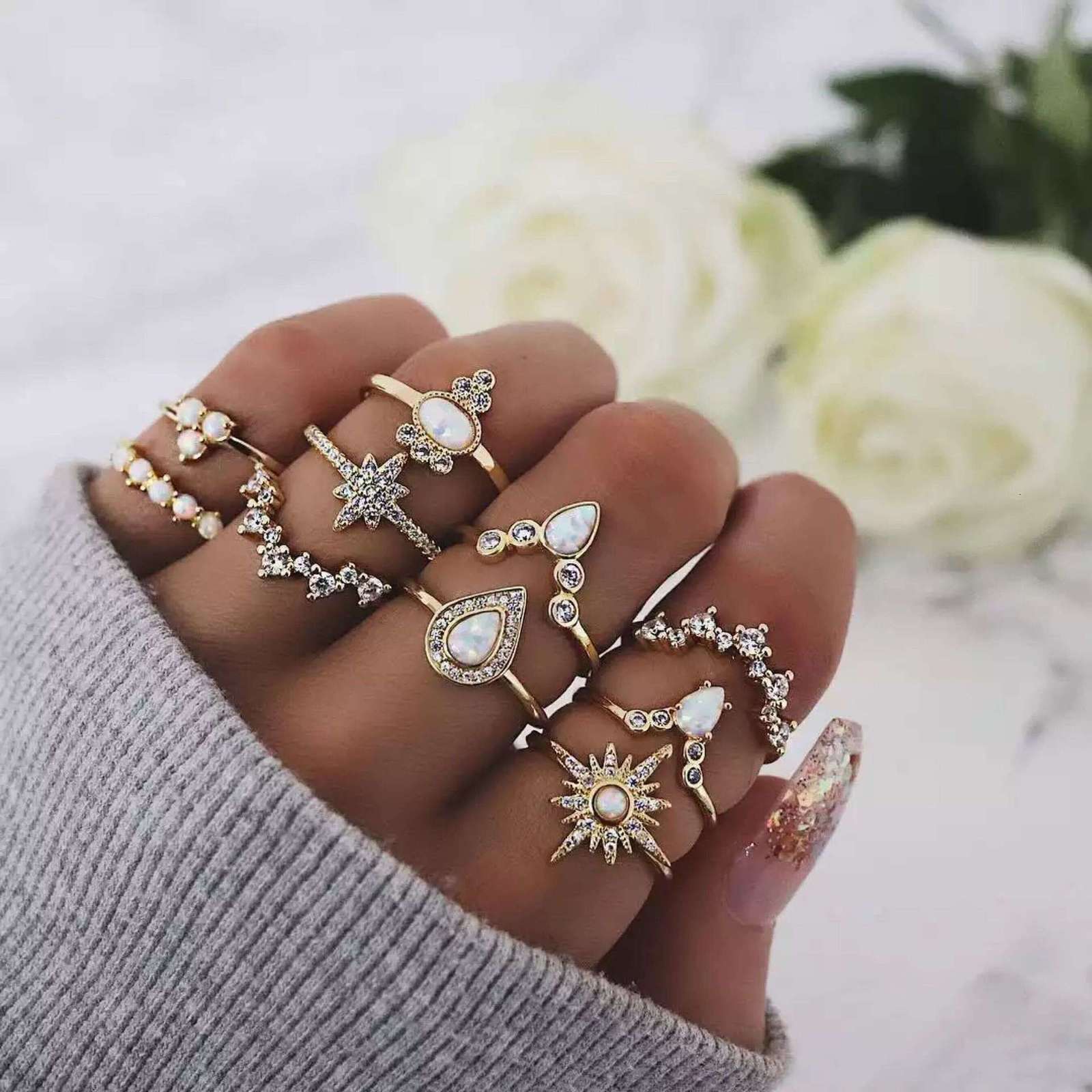 Band Rings Women Boho Vintage Silver Color Big Stone Ring Set for Women Fashion Bohemian Jewelry 230410