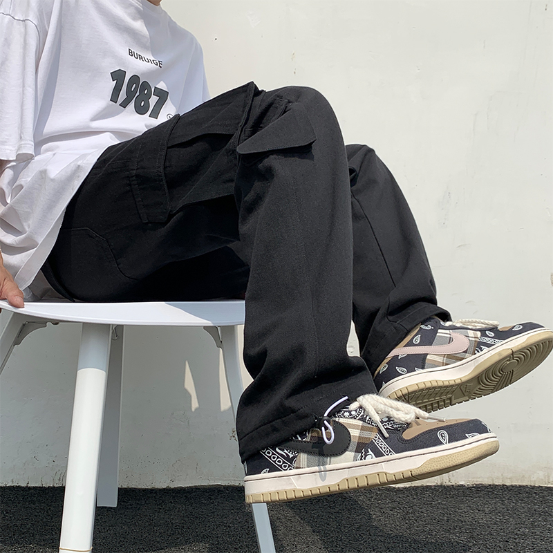 Men's Pants Black white Casual Fashion Loose Straight Wide Leg Men Streetwear Hip hop Pocket Cargo Mens Trousers 230411
