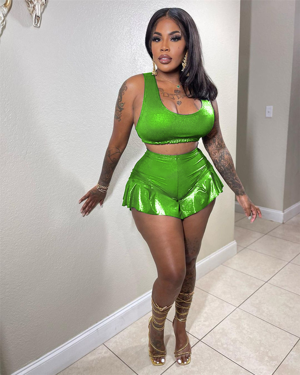 Designer Summer Tracksuits Two Piece Sets Women Outfits Sleeveless Tank Top Shorts Matching Sportswear Solid Bright 2pcs Suits Wholesale Clothes 9664